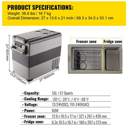 SucceBuy 55L Car Refrigerator Mini Fridge Freezer Portable Compressor Cooler DC 110-240V Ice Box for Camping Picnic