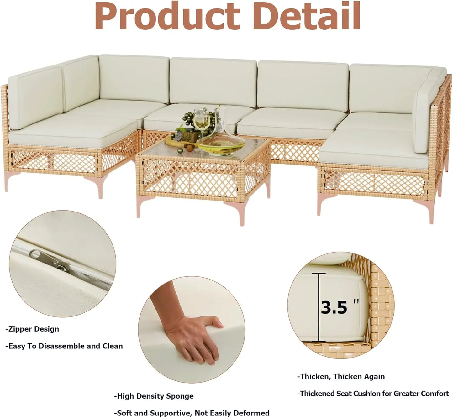 Outdoor Patio Furniture Set,Boho Patio Conversation Sectional Sofa with Large Tempered Glass Coffee Table and Waterproof Cushion