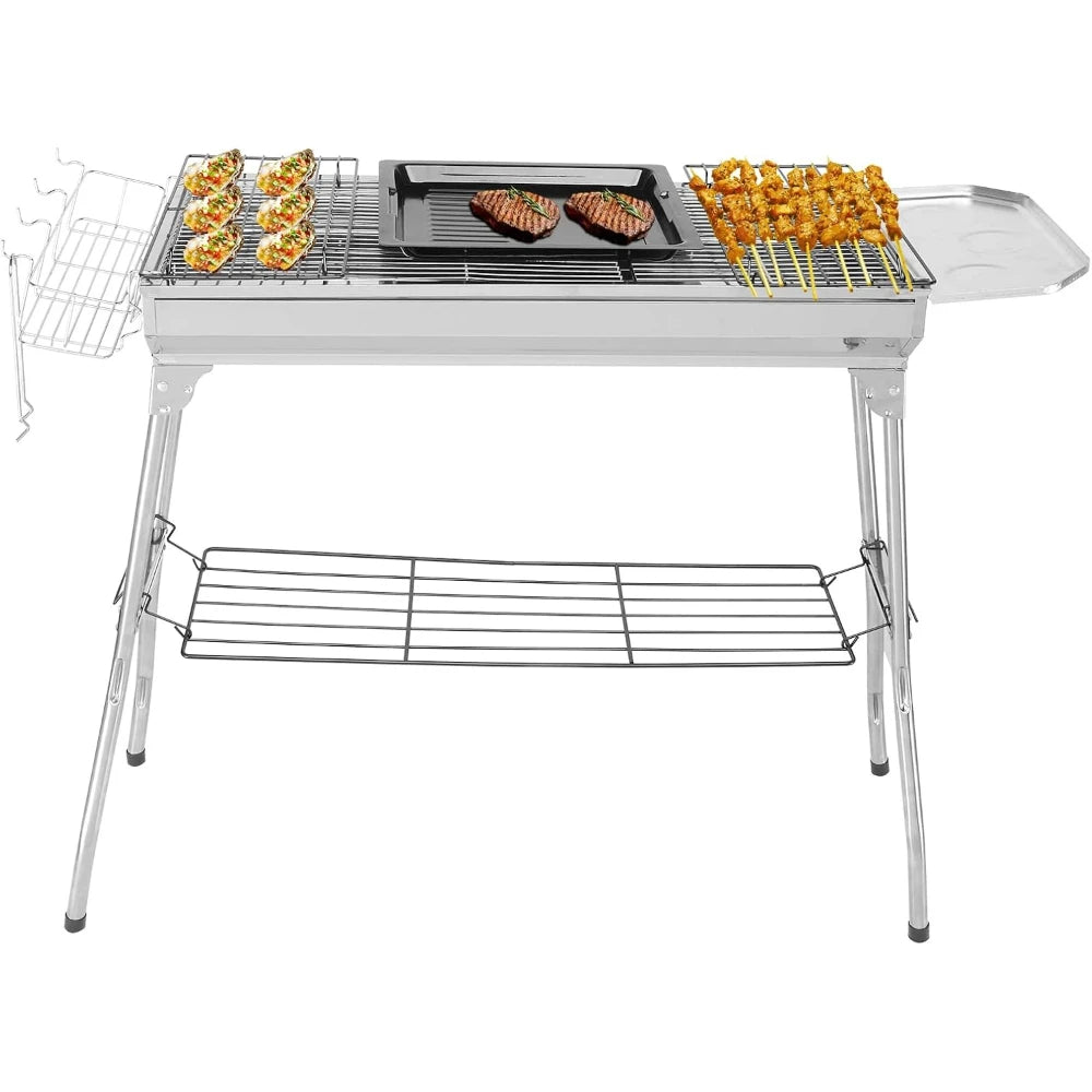 Stainless Steel Foldable Charcoal Barbecue Grill, Portable for Outdoor Camping Hiking Picnic Tailgating, Silver 39.3"x12.2"x27.9