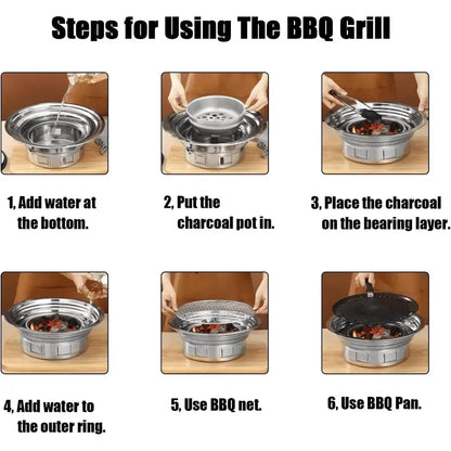 Portable Korean Style Stainless-Steel Barbecue Grill, Charcoal BBQ Round Grill Stove for Outdoor Camping, Picnicking & Parties 1