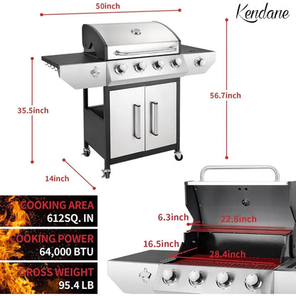 4-Burner Propane Gas BBQ Grill with Side Burner, Barbecue Gas Grill with Enameled Cast Iron Grates for Outdoor Patio Garden Barb