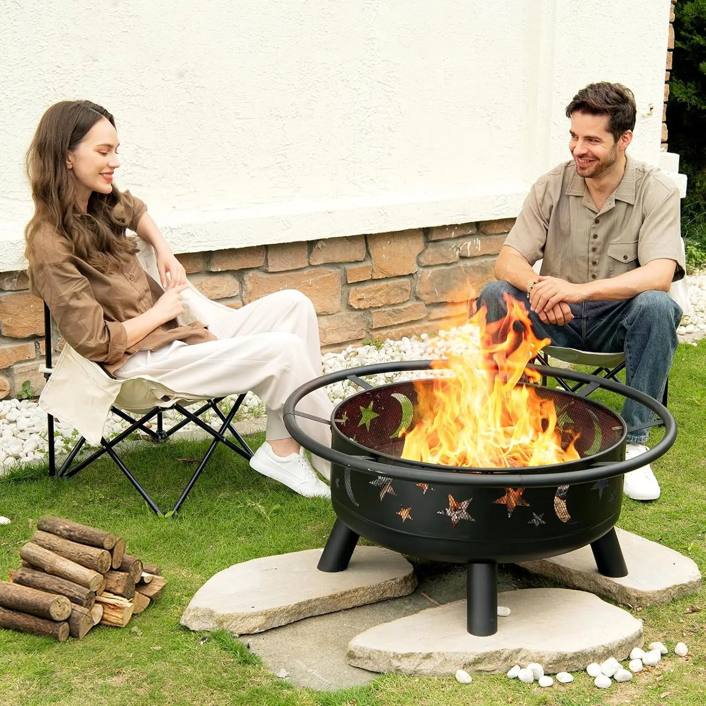 32 Inch Round Fire Pit with Mesh Cover, Fire Poker, Star and Moon Design, Metal Wood Burning Outdoor Firepit for, Customized