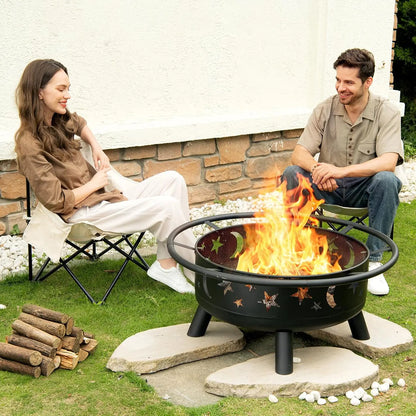 32 Inch Round Fire Pit with Mesh Cover, Fire Poker, Star and Moon Design, Metal Wood Burning Outdoor Firepit for, Customized