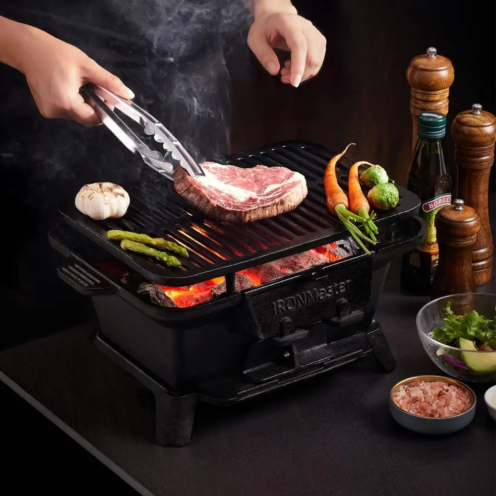 Compact Outdoor Charcoal Grill, Pre-Seasoned Cast Iron, Portable Yakitori Grill for Camping, Adjustable Air Control, Ideal for 2