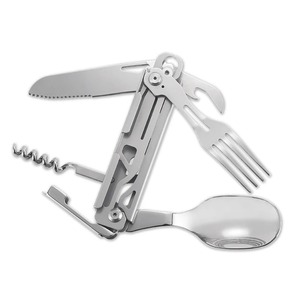 6 in 1 Multifunctional Camping Tableware Foldable Portable Fork Spoon Knife EDC Tool Smooth for Picnic Hiking for Travelling BBQ