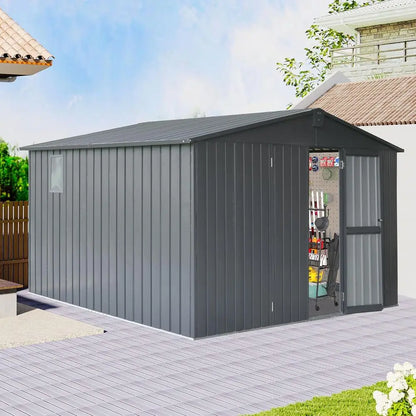 11' x 9' Metal Outdoor Storage Shed with Galvanized Steel, Windows, and Lockable Door for Garden, Tools, or Patio (Gray)