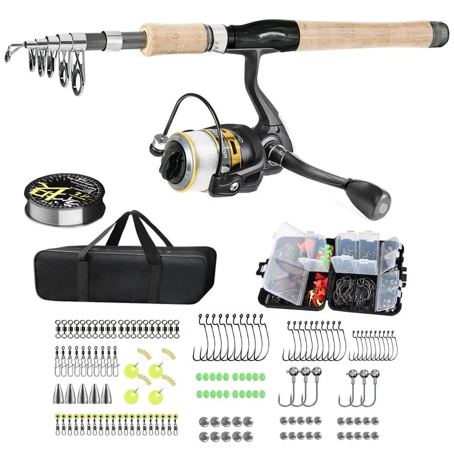 Fiber Fishing Pole Combo Set Spinning Reel, 145pcs Accessories Kit
