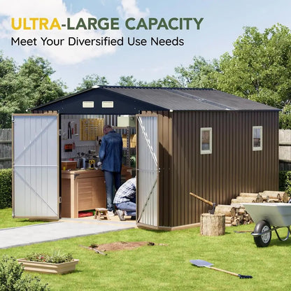 10x12 Metal Utility Shed with Lockable Door, Windows, and Floor for Outdoor Storage