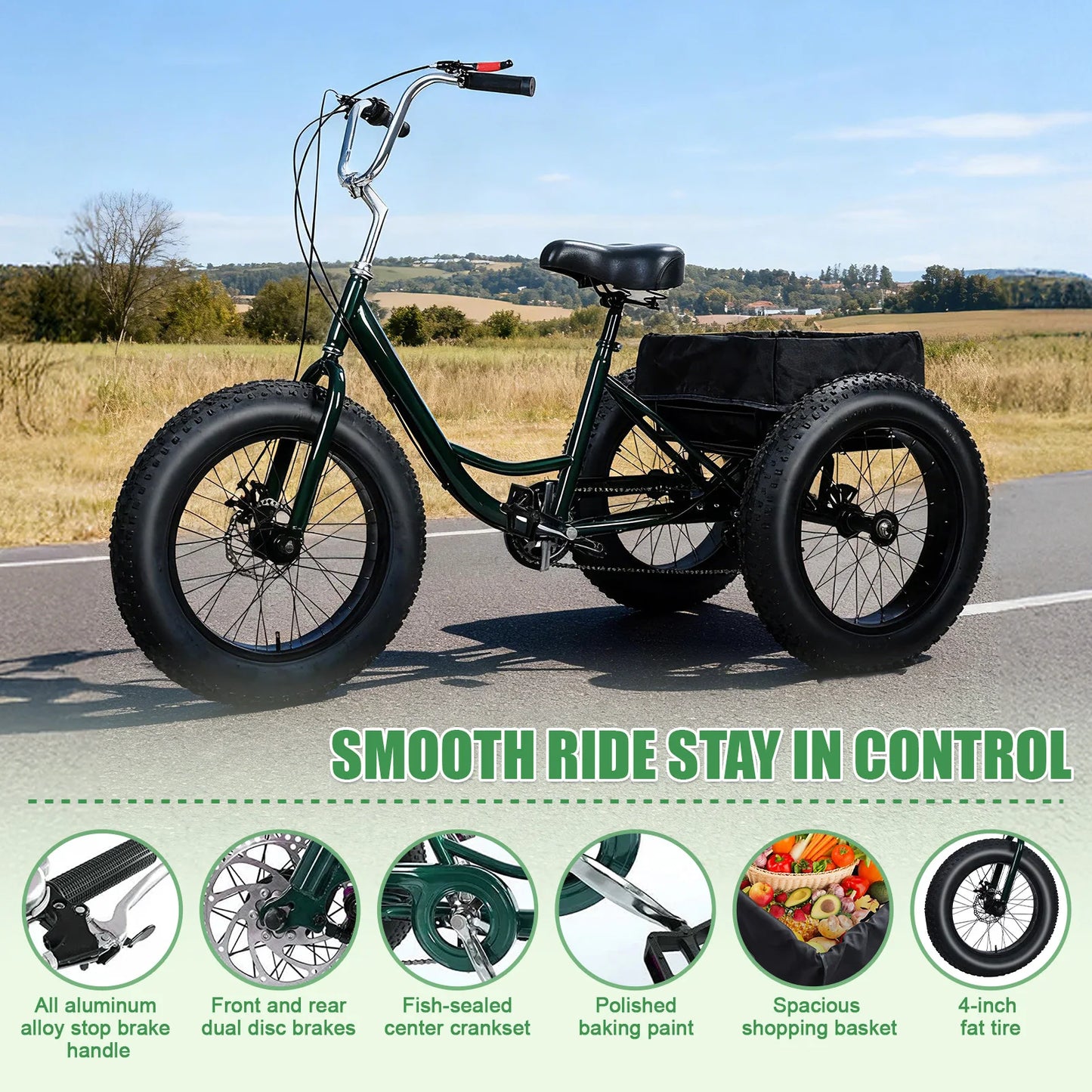 Non electric - (maximum weight capacity 450 pounds) 7-speed manual fat tire tricycle, 20 inch adult tricycle, snow tires