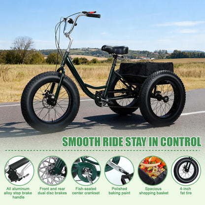 Non electric - (maximum weight capacity 450 pounds) 7-speed manual fat tire tricycle, 20 inch adult tricycle, snow tires
