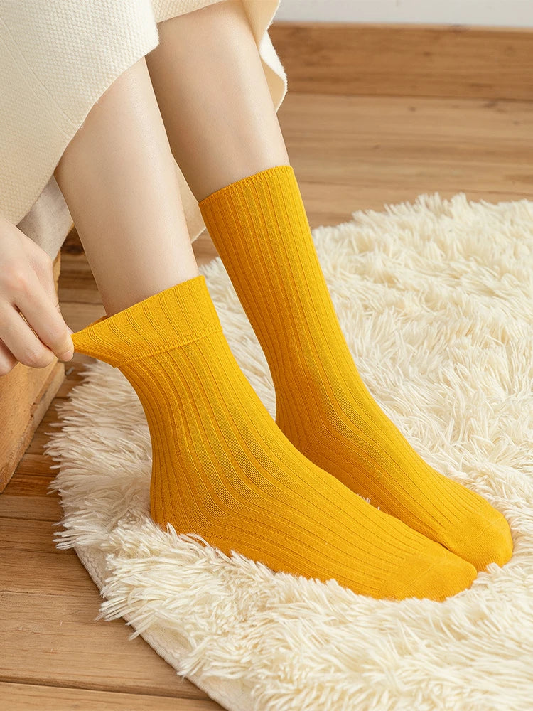 10Pairs Retro Women Cotton Loose Socks Autumn Winter Knitting Solid Color Long Black Pink Student Girls Sock US5-9