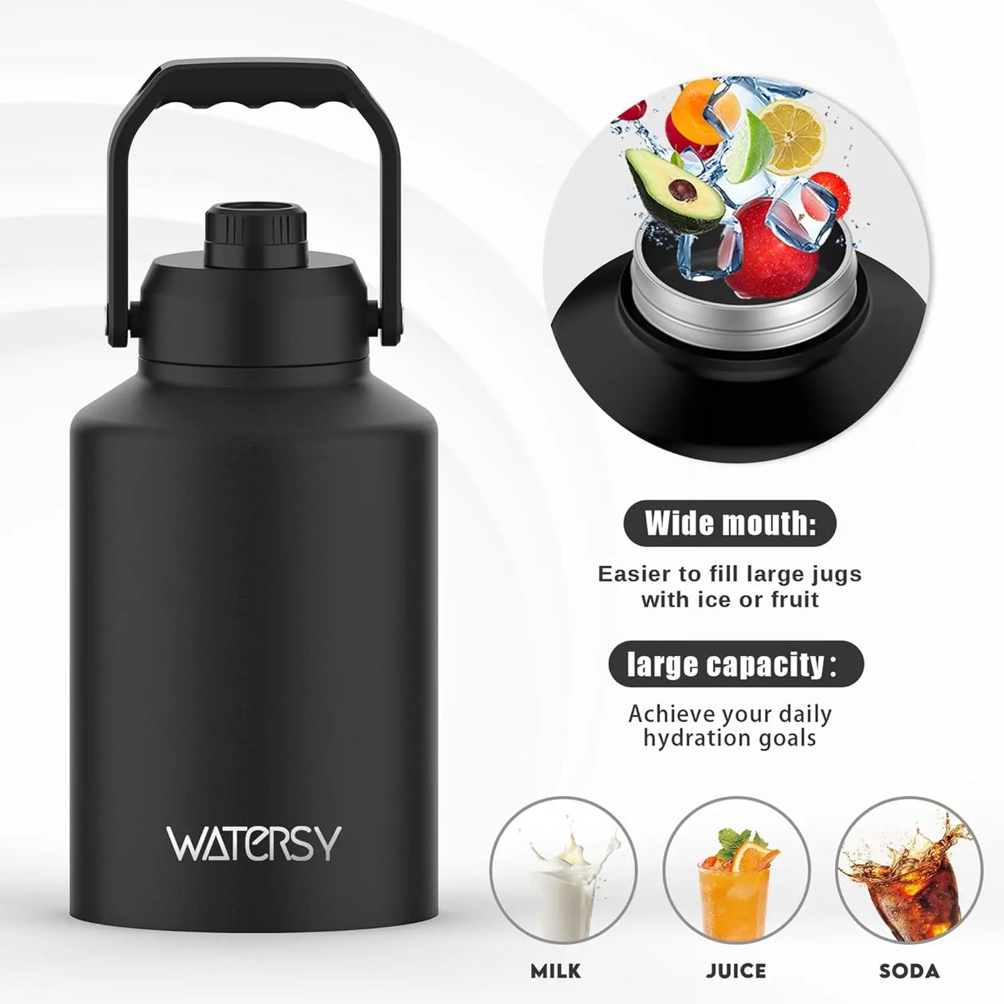 1 Gallon Insulated Stainless Steel Water Bottle, Cold 48 Hrs Hot 24 Hrs, Leak Proof for Gym Camping Travel