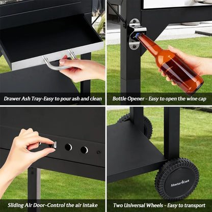 17 Inch Charcoal Grill with Two Side Tables, Outdoor Smoker BBQ Grill for Camping Patio Backyard Picnic, Black