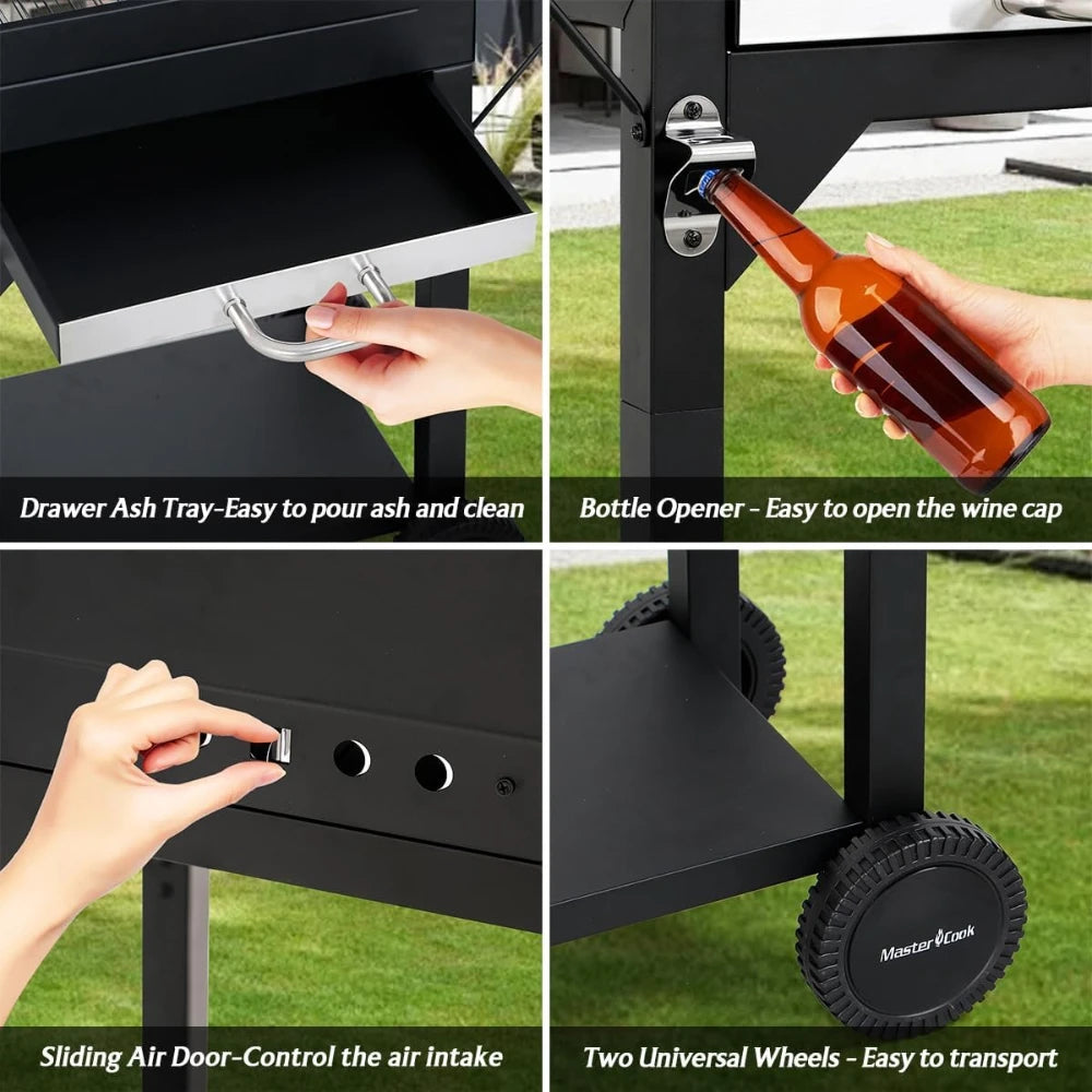 17 Inch Charcoal Grill with Two Side Tables, Outdoor Smoker BBQ Grill for Camping Patio Backyard Picnic, Black