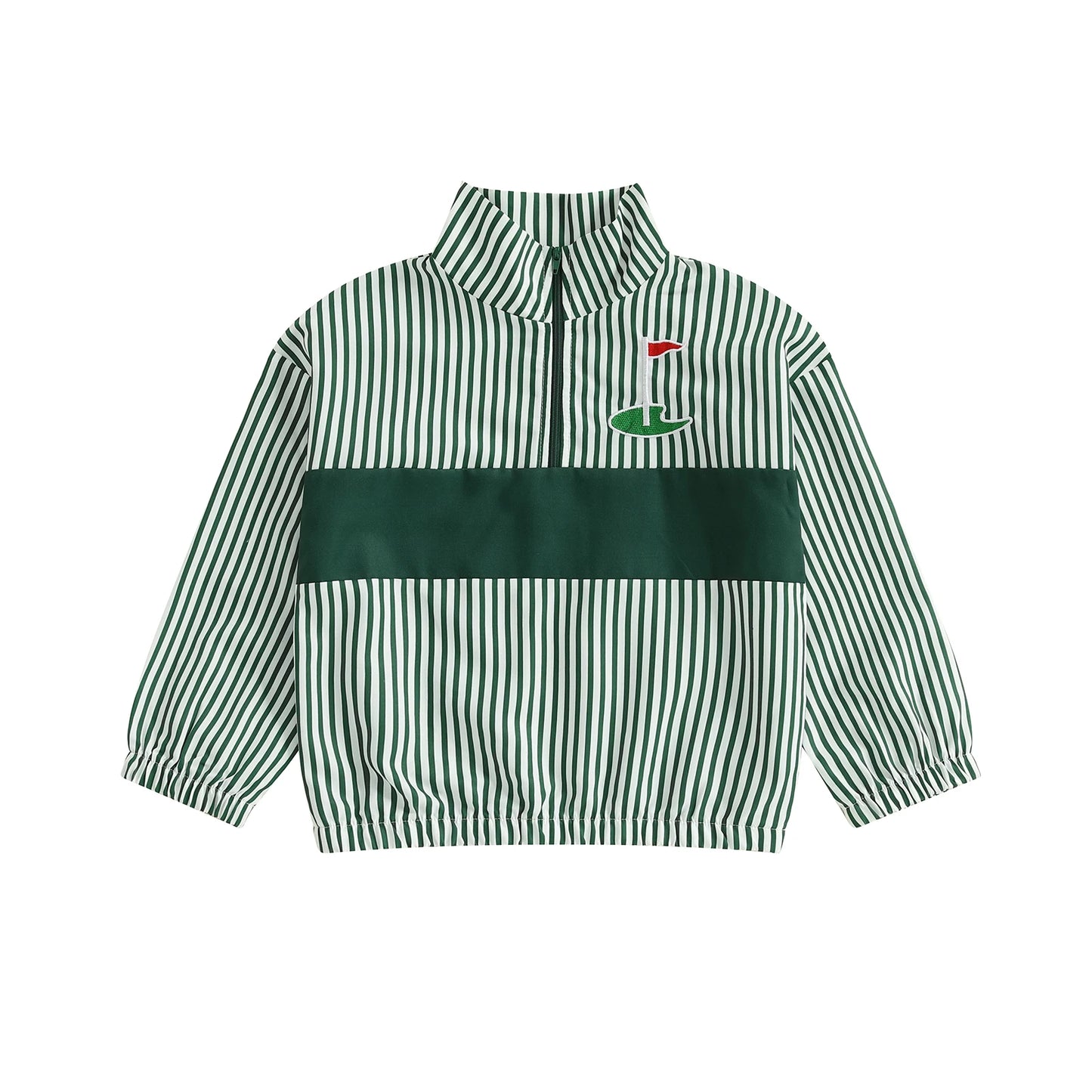 Boys Stylish Striped Long Sleeve Shirt with Embroidered Golf Design and Half Zipper Detail - Trendy Fall Clothing for Toddlers