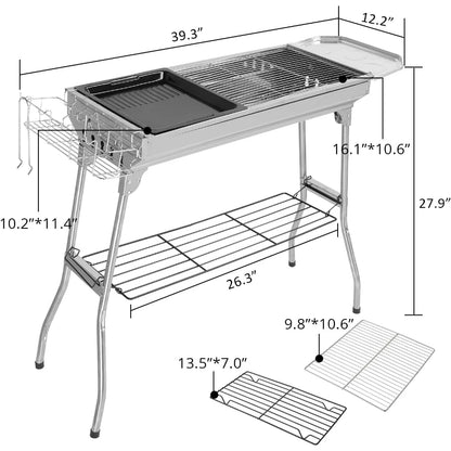 Stainless Steel Foldable Charcoal Barbecue Grill, Portable for Outdoor Camping Hiking Picnic Tailgating, Silver 39.3"x12.2"x27.9