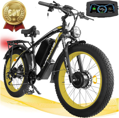 TS60 5000W Dual Motor E-Bike, 60V 25AH Battery Electric Bike for Adults, 45MPH Mountain AWD 21-Speed with 26" x 4.0 Fat Tire