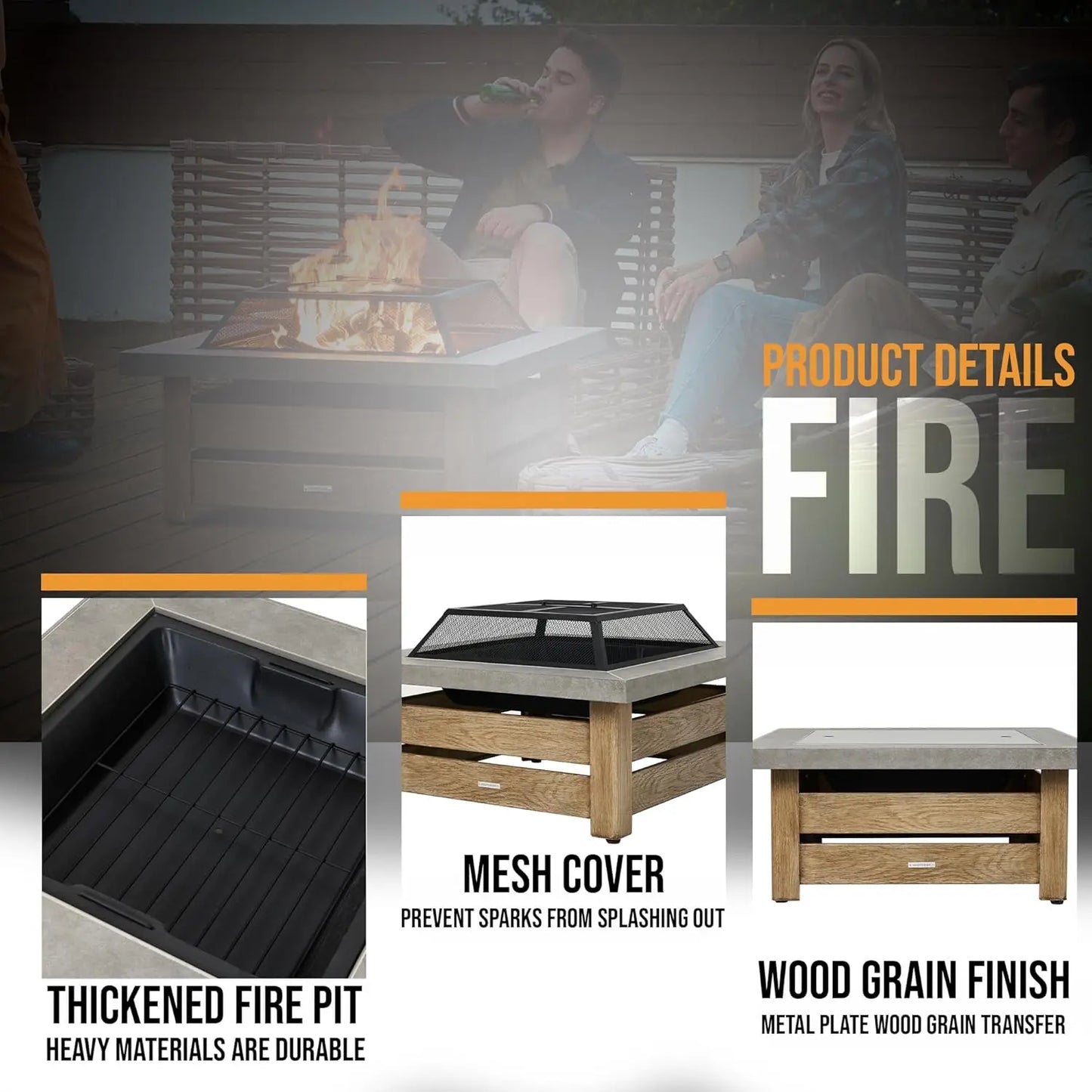 Firepits for Outside，Wood Burning Fire Pit with Wood-Grain Side Panels,Firepit for Outside with Mesh Cover & Fire, Customized