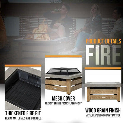 Firepits for Outside，Wood Burning Fire Pit with Wood-Grain Side Panels,Firepit for Outside with Mesh Cover & Fire, Customized