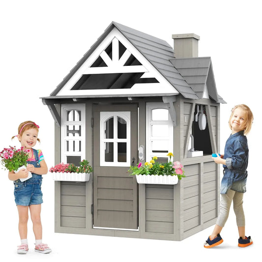 Outdoor Kids Playhouse, All Fir Gray Modern Wooden Playhouse, Indoor Outdoor Cottage Play House w/Sink, Stove,, Customized