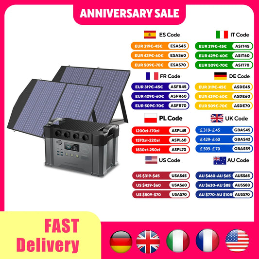 ALLPOWERS Solar Generator 2400W Battery Charger,110V/230V Pure Sine Wave AC Outlet With 2×100W Portable Solar Panel For Outdoors