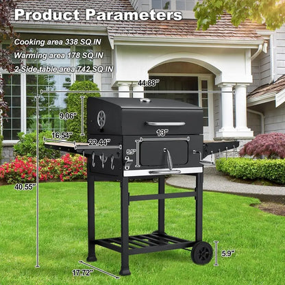 Portable Wood-Burning Grill with Side Table, 338 Sq. In. BBQ Area, Adjustable Charcoal Racks, and Thermometer for Outdoor Cookin