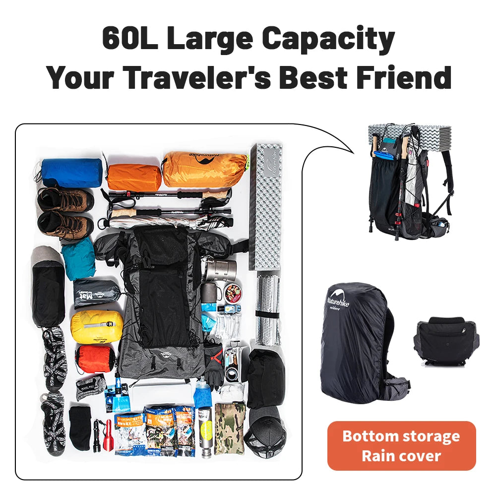 Naturehike Hiking Backpack Outdoor Sports Bag 60+5L Large Capacity Ergonomic Design Backpack Camping Travel Waterproof Bagpack