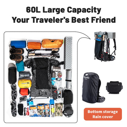 Naturehike Hiking Backpack Outdoor Sports Bag 60+5L Large Capacity Ergonomic Design Backpack Camping Travel Waterproof Bagpack
