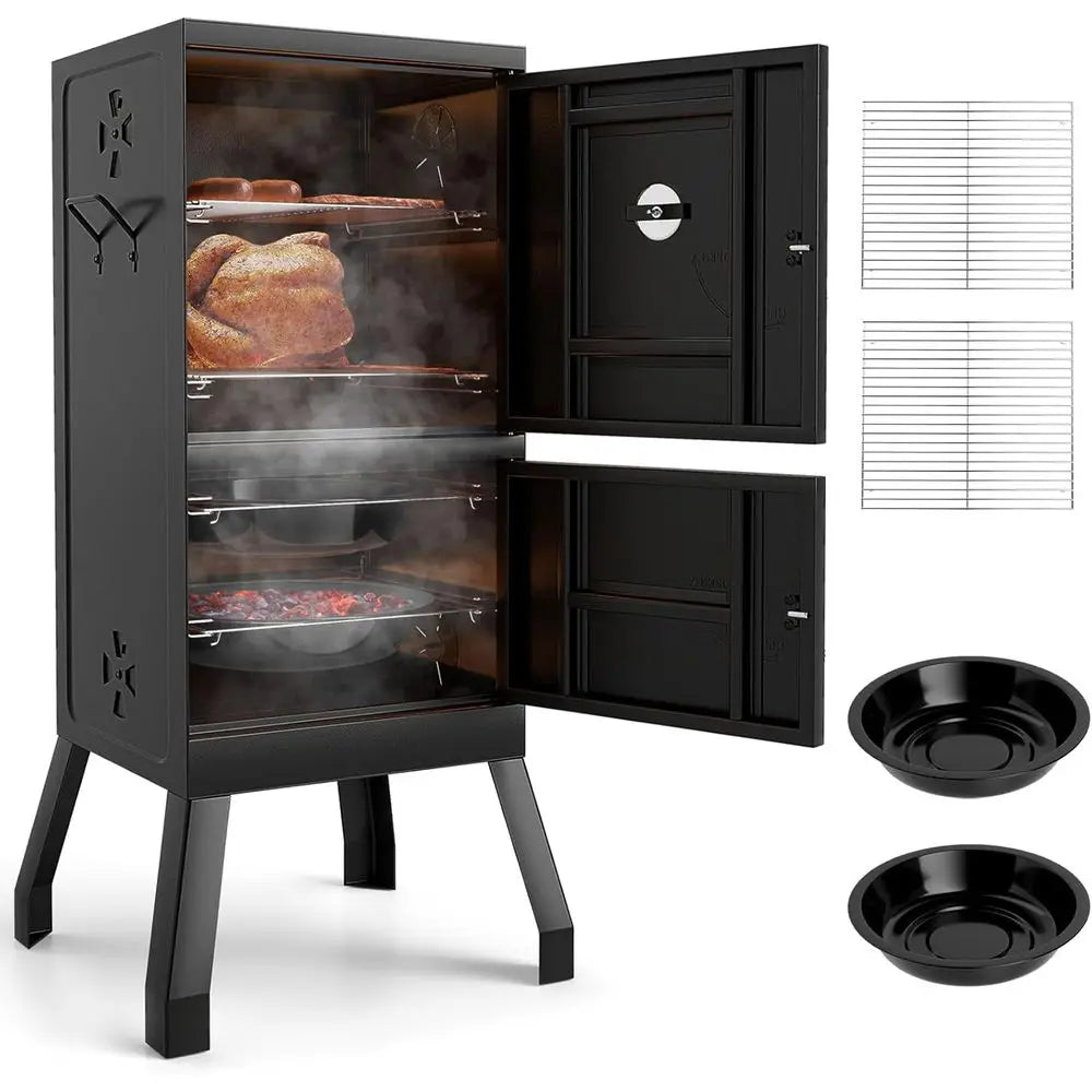 Outdoor Veal BBQ Smoker with 2 Access Doors, 2 Grills, Removable Pans, and 4 Air Vents for Meat Smoking and Backyard Parties