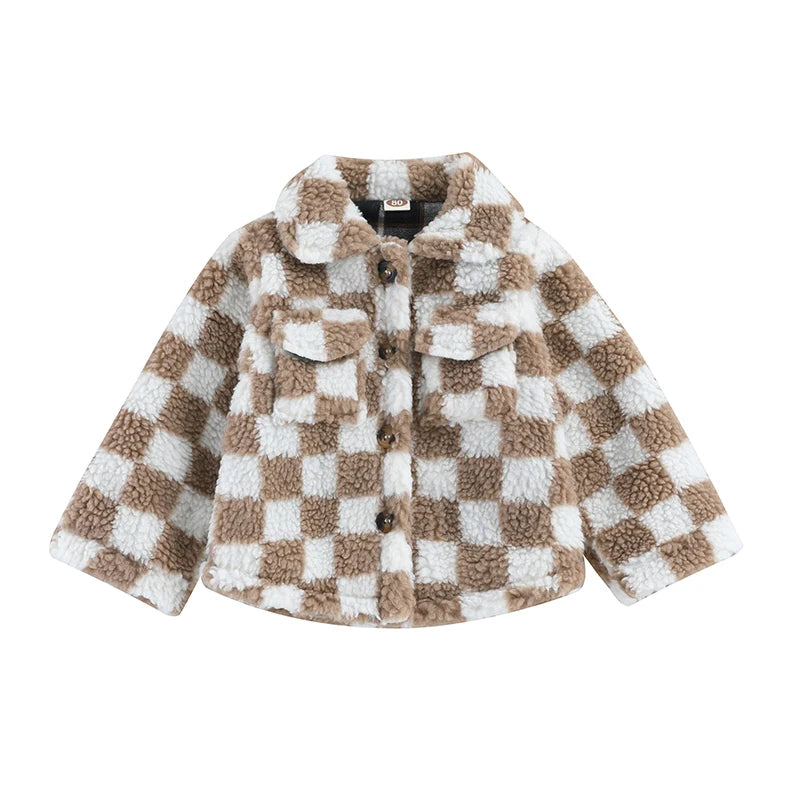 Girls Plaid Fleece Coat with Turn-Down Collar and Button Closure Long Sleeve Sherpa Jacket for Winter Warmth Toddler Kids