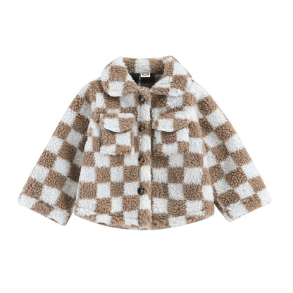 Girls Plaid Fleece Coat with Turn-Down Collar and Button Closure Long Sleeve Sherpa Jacket for Winter Warmth Toddler Kids