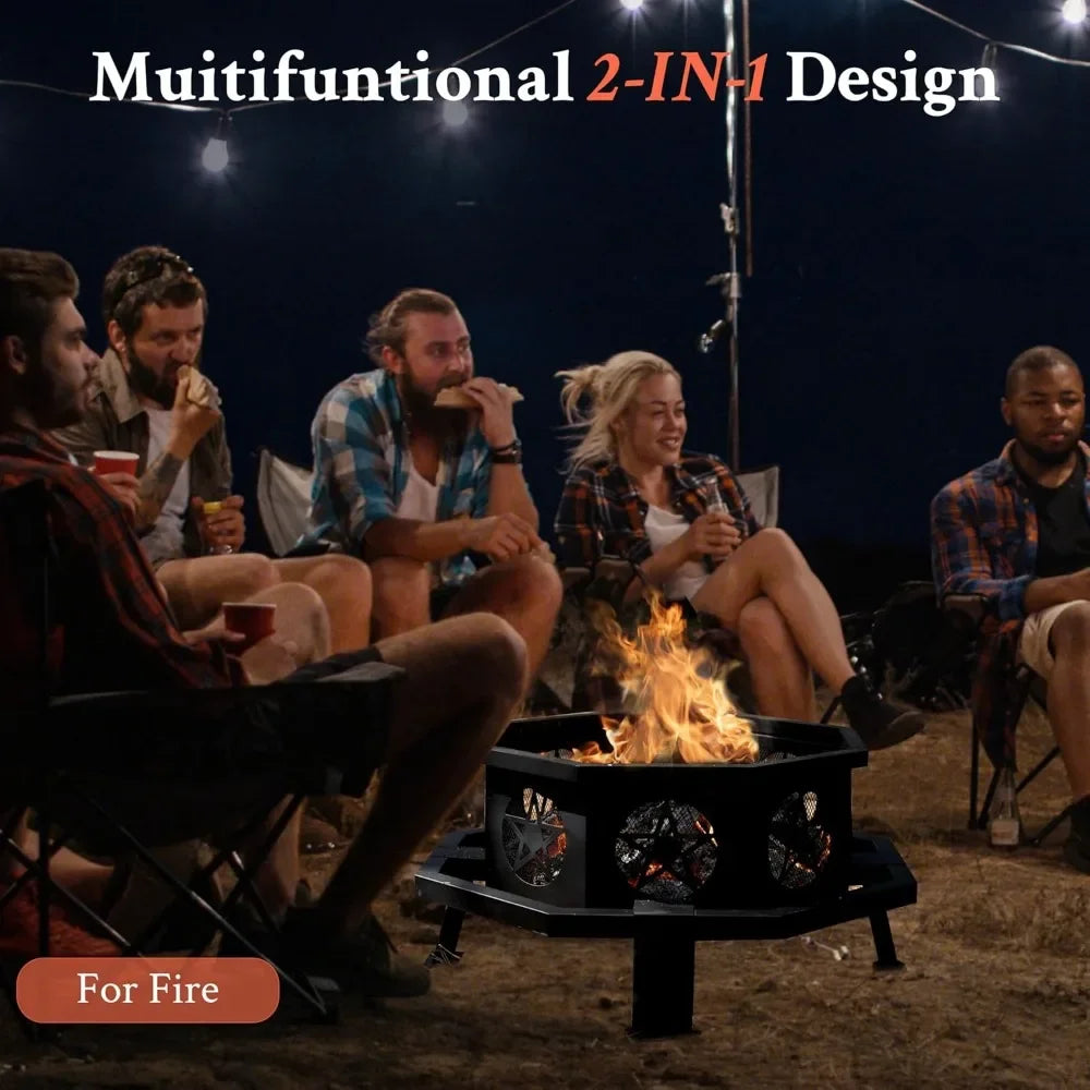 35 Inch Octagonal Fire Pit with Cooking Grill,Outdoor Wood Burning Fire Pit for Camping Outside Picnic Bonfire,Customized