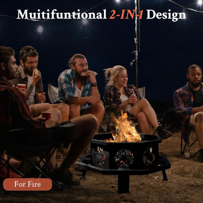 35 Inch Octagonal Fire Pit with Cooking Grill,Outdoor Wood Burning Fire Pit for Camping Outside Picnic Bonfire,Customized