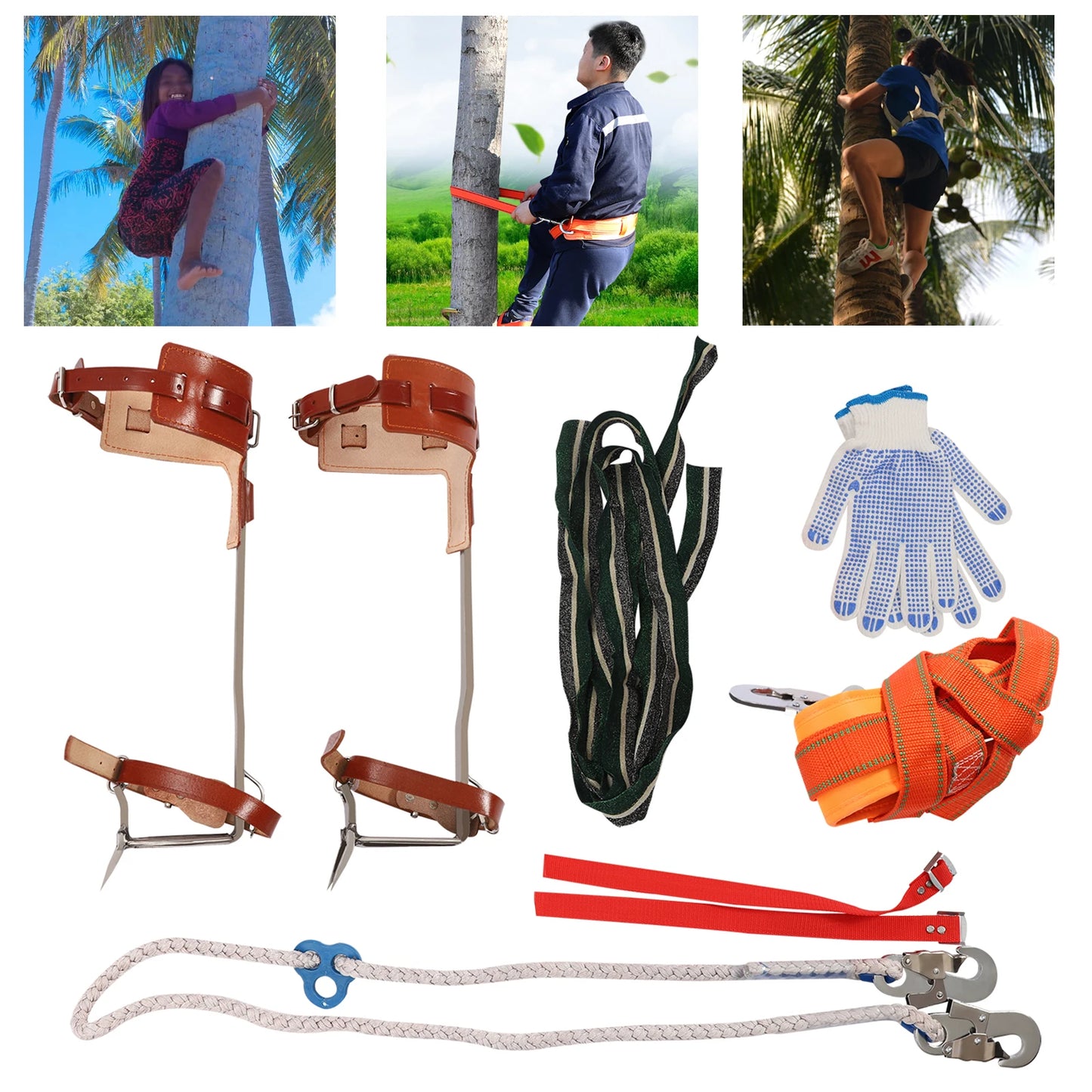 Dual-Hook Ascender Tool Stainless Steel Climbing Gear with Leather Hand Guard for Arborist Work and Fruit Picking