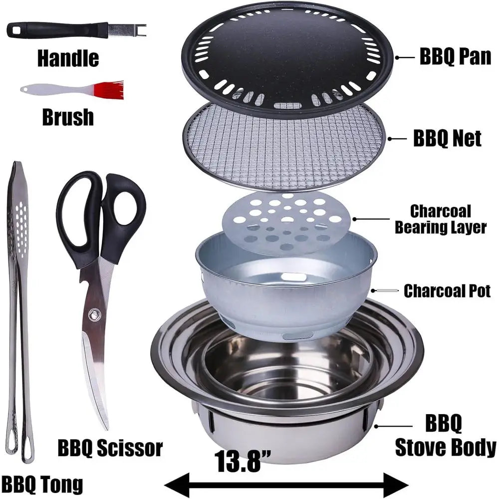 Portable Korean Style Stainless-Steel Barbecue Grill, Charcoal BBQ Round Grill Stove for Outdoor Camping, Picnicking & Parties 1