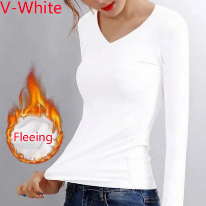 Winter Bottoming Shirt Women Thermal Underwear Solid Color German Velvet Long-Sleeved Basic T-Shirt Heating Fiber Thermal 2028