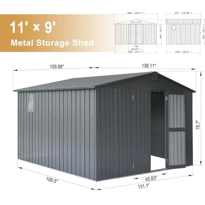 11' x 9' Metal Outdoor Storage Shed with Galvanized Steel, Windows, and Lockable Door for Garden, Tools, or Patio (Gray)
