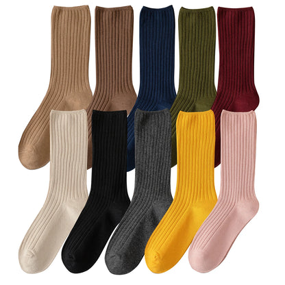 10Pairs Retro Women Cotton Loose Socks Autumn Winter Knitting Solid Color Long Black Pink Student Girls Sock US5-9