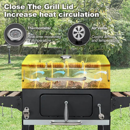 Portable Wood-Burning Grill with Side Table, 338 Sq. In. BBQ Area, Adjustable Charcoal Racks, and Thermometer for Outdoor Cookin