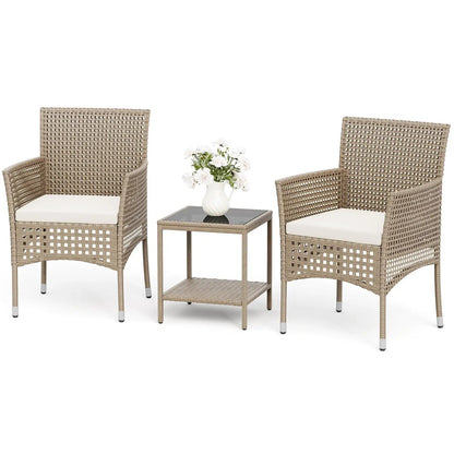 Outdoor 3 Piece Patio Furniture Set Wicker Chairs with Glass-top Coffee Table for Garden, Balcony, and Porch (Brown), Customized