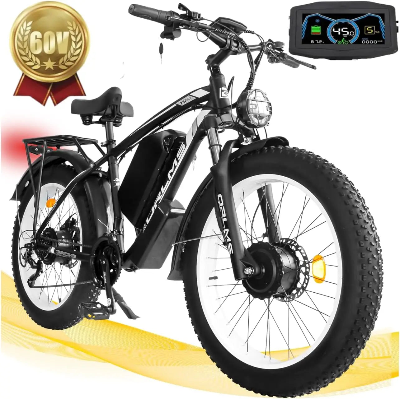 TS60 5000W Dual Motor E-Bike, 60V 25AH Battery Electric Bike for Adults, 45MPH Mountain AWD 21-Speed with 26" x 4.0 Fat Tire