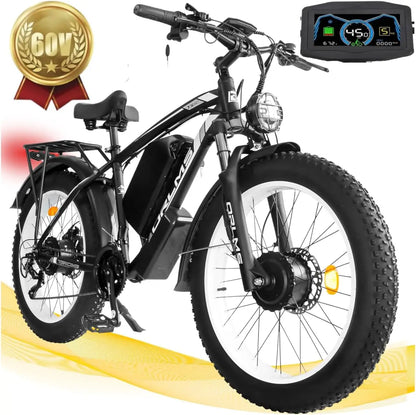 TS60 5000W Dual Motor E-Bike, 60V 25AH Battery Electric Bike for Adults, 45MPH Mountain AWD 21-Speed with 26" x 4.0 Fat Tire