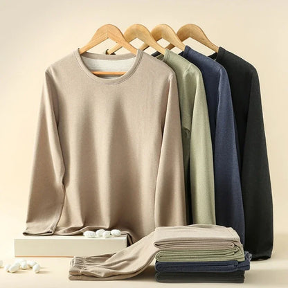Men's Winter Underwear Set Warm Fleece Lined T Shirt Thick Crew Neck Solid Basic Pants Two Pieces Thermal Underwear Clothing