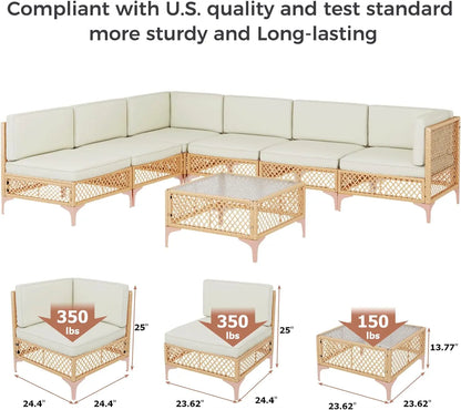 Outdoor Patio Furniture Set,Boho Patio Conversation Sectional Sofa with Large Tempered Glass Coffee Table and Waterproof Cushion