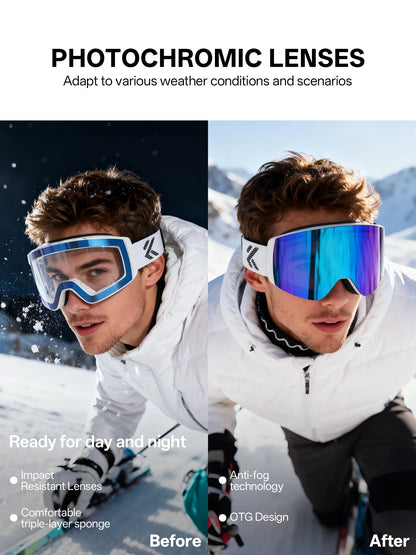 KAPVOE New Photochromic Ski Goggles Snowboard OTG Snow Glasses Magnetic Lens Men Women UV400 Double Layers Lens Anti Fog Skating