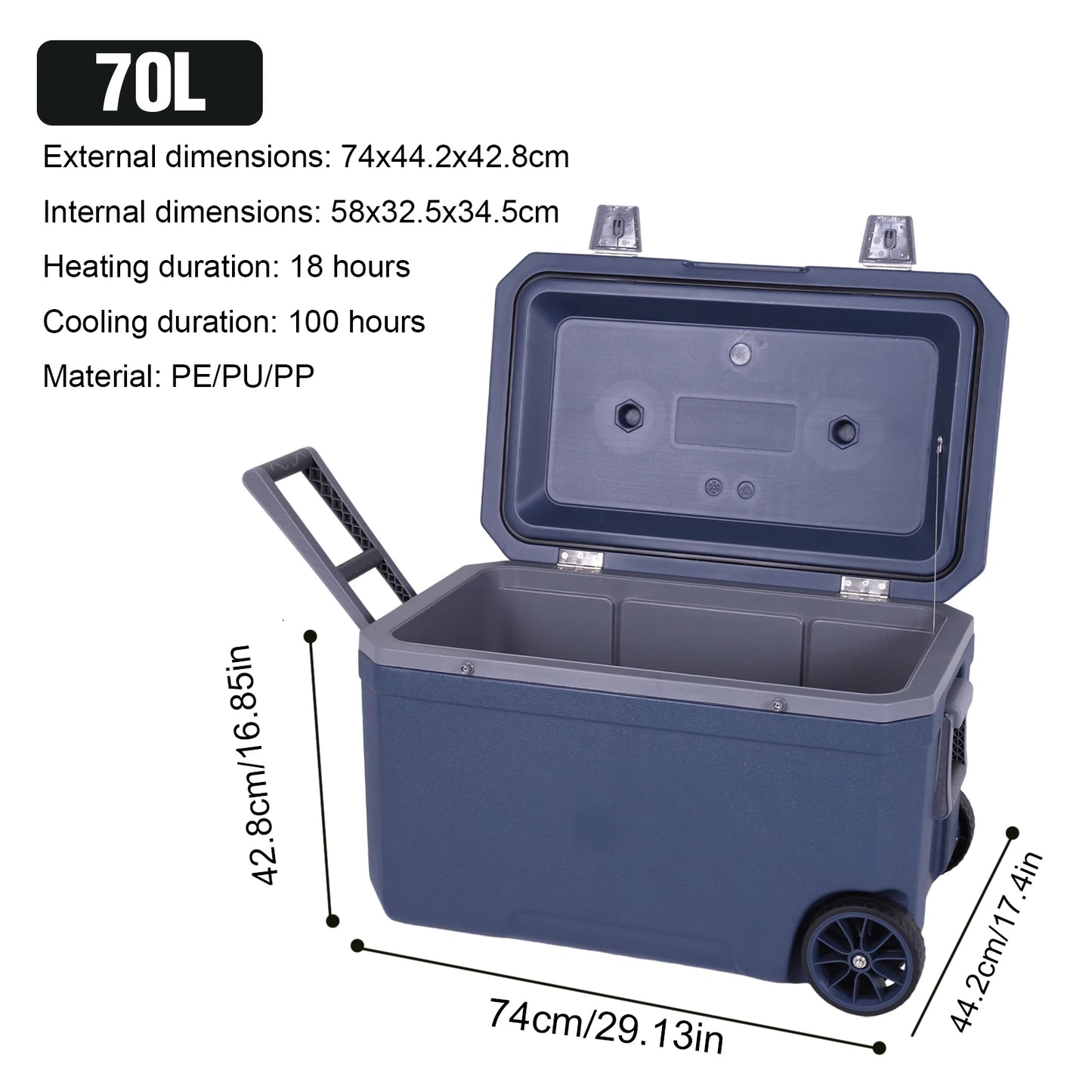 70L Outdoor Camping Vehicle Insulated Box with Handle Portable Car Wheel Insulator Plastic Cooler Box for Beach Beverage Camping