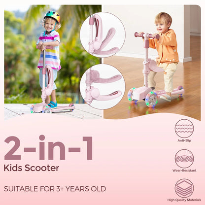 Kick Scooter for Kids with 3-Wheeled LED Lights,Adjustable Lean-to-Steer Handlebar,Foldable Seat,Sit or Stand Ride,for 3-8 Years