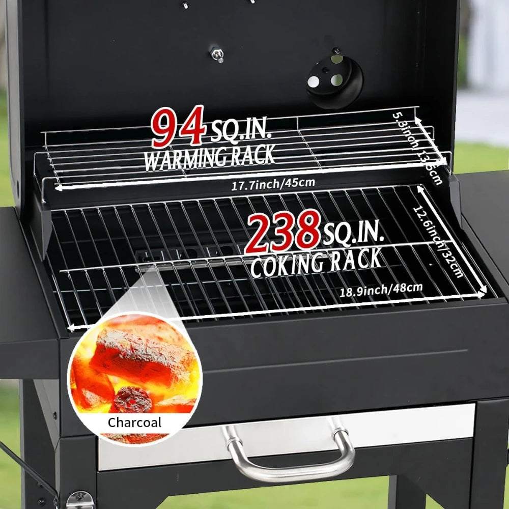 17 Inch Charcoal Grill with Two Side Tables, Outdoor Smoker BBQ Grill for Camping Patio Backyard Picnic, Black