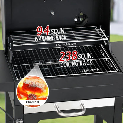 17 Inch Charcoal Grill with Two Side Tables, Outdoor Smoker BBQ Grill for Camping Patio Backyard Picnic, Black