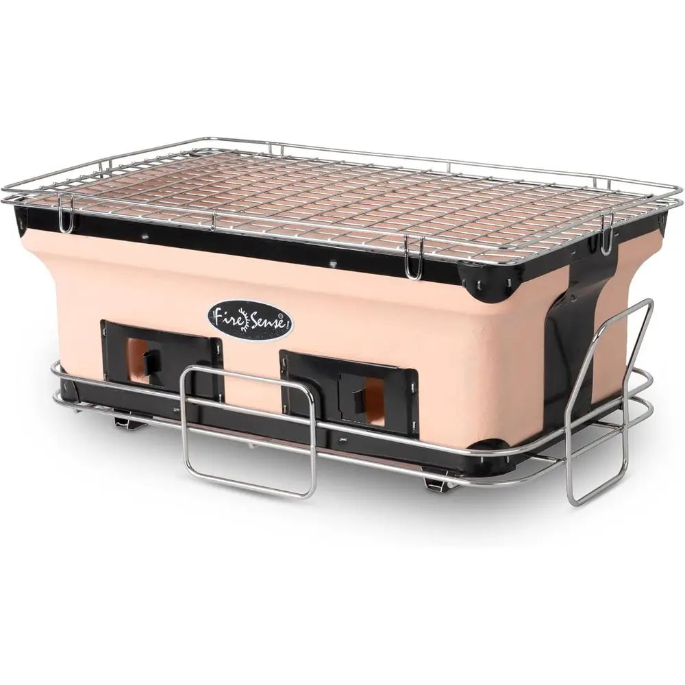 Large Tan Japanese Clay Charcoal Grill with Adjustable Ventilation for Outdoor BBQ and Camping
